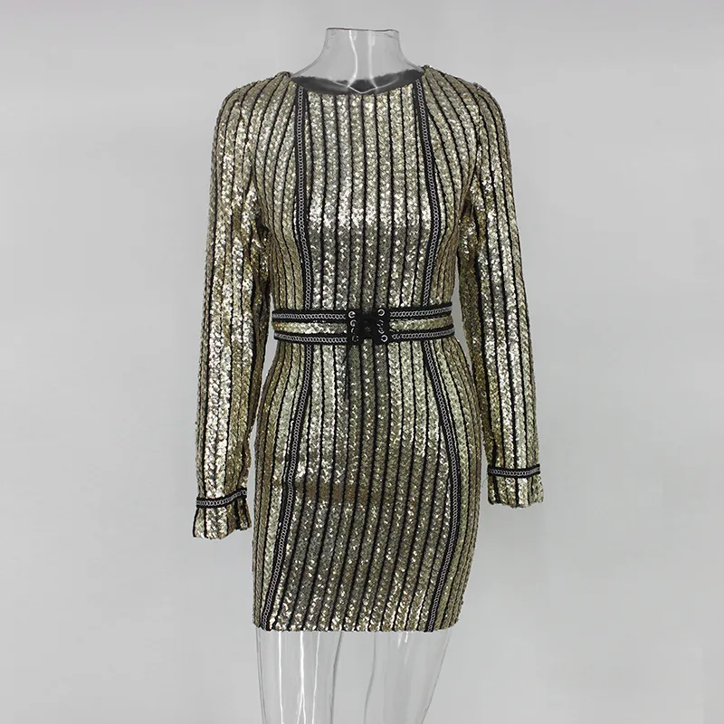 Women's Autumn Sequin O-Neck Sheath Mini Dress