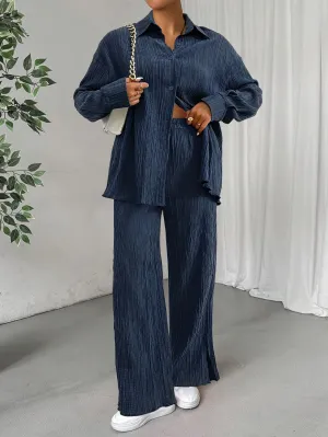 Women's Button-Front Long Sleeve Shirt & Elastic Waist Pants Set | Ideal for Autumn/Winter