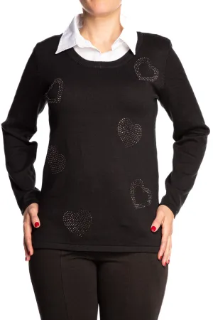 Women's Sweater Black with White Collar Touch of Glitter - Sizes up to XX Large