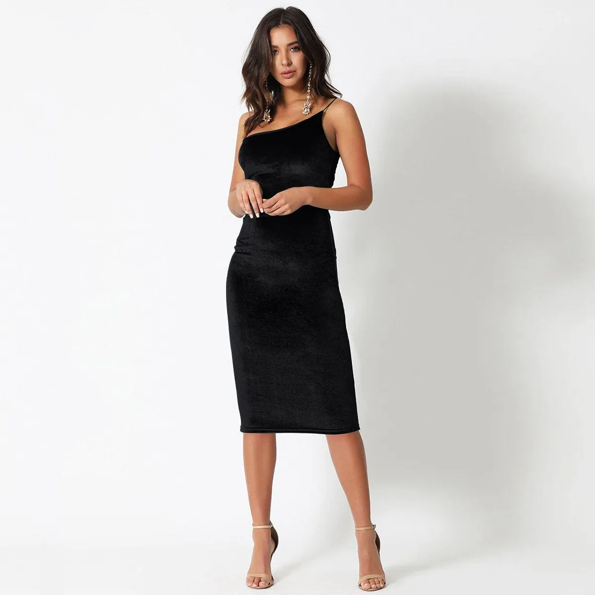 Women's Velvet Sheath Sleeveless One-Shoulder Dress