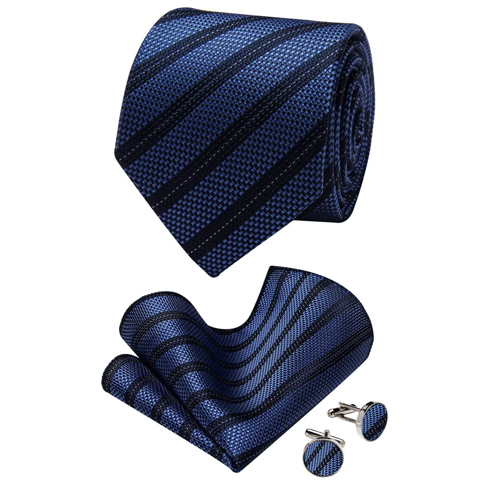 YourTies Black Solid Long Sleeve Shirt with Navy Blue Striped Silk Tie for Men